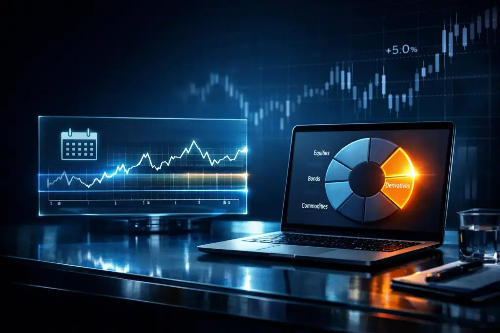Ultra-realistic financial dashboard showing portfolio allocation chart with derivatives overweight drift, illustrating time-based and threshold-based rebalancing strategy in a professional trading environment.