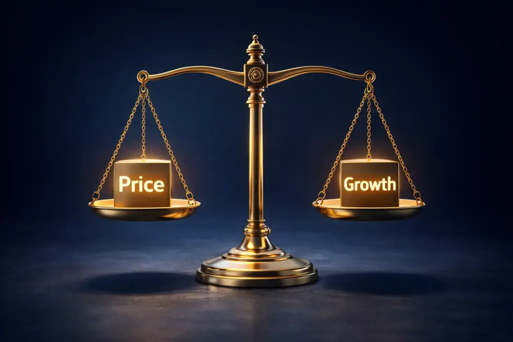 Hyper realistic 3D gold balance scale showing Price and Growth weights perfectly balanced on dark blue financial background