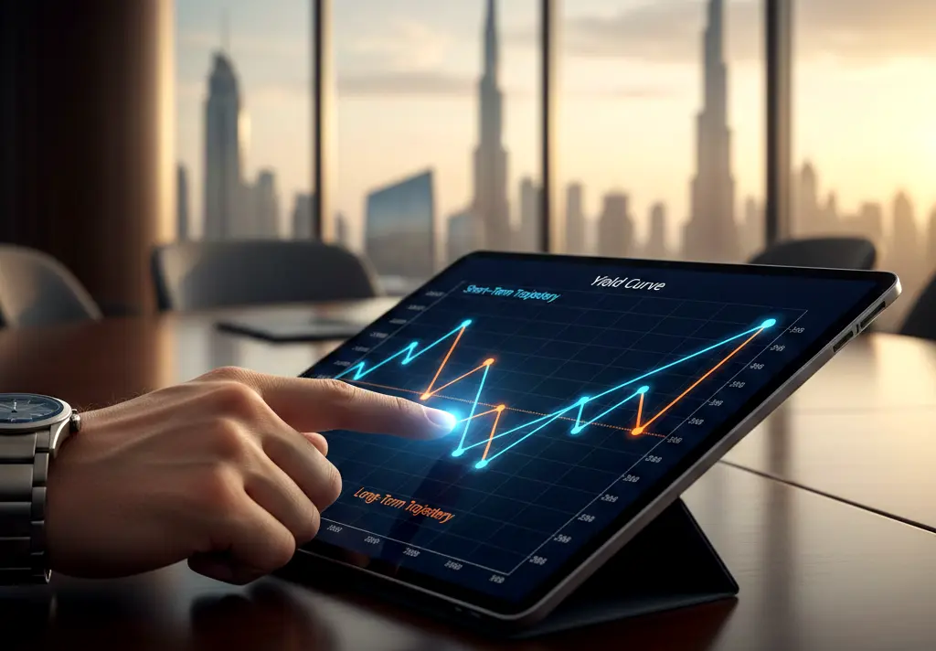Close-up of a professional investor's hand pointing at a glowing yield curve chart on a digital tablet in a luxury Dubai office.