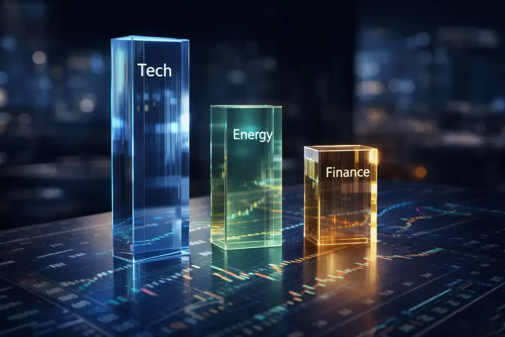 Ultra realistic 3D glass pillars labeled Tech, Energy, and Finance standing on stock market charts representing sector diversification