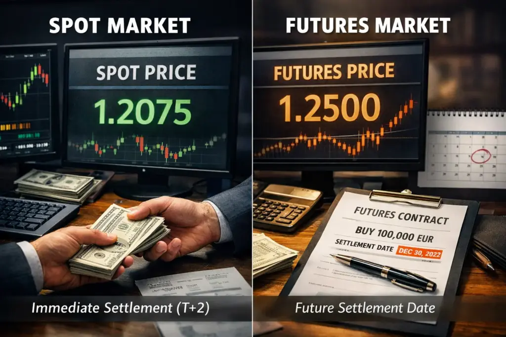 Hyper-realistic comparison of spot price vs futures price showing immediate settlement in spot market and future contract settlement with trading screens and financial documents.