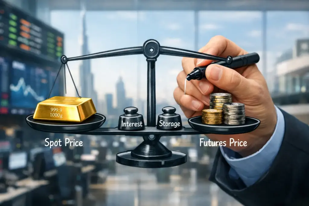 Financial analyst drawing balance scale comparing spot price gold bar and futures price coins on glass board in Dubai trading floor.