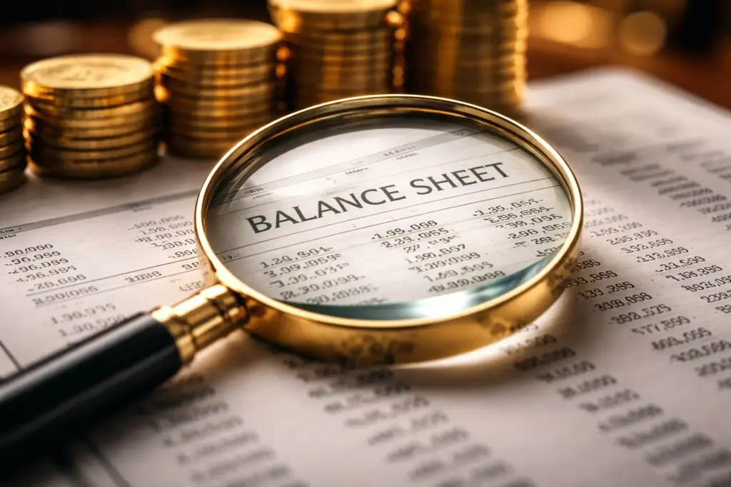 Close-up of a magnifying glass over a financial balance sheet with golden coins in the background, symbolizing deep value research and investment analysis