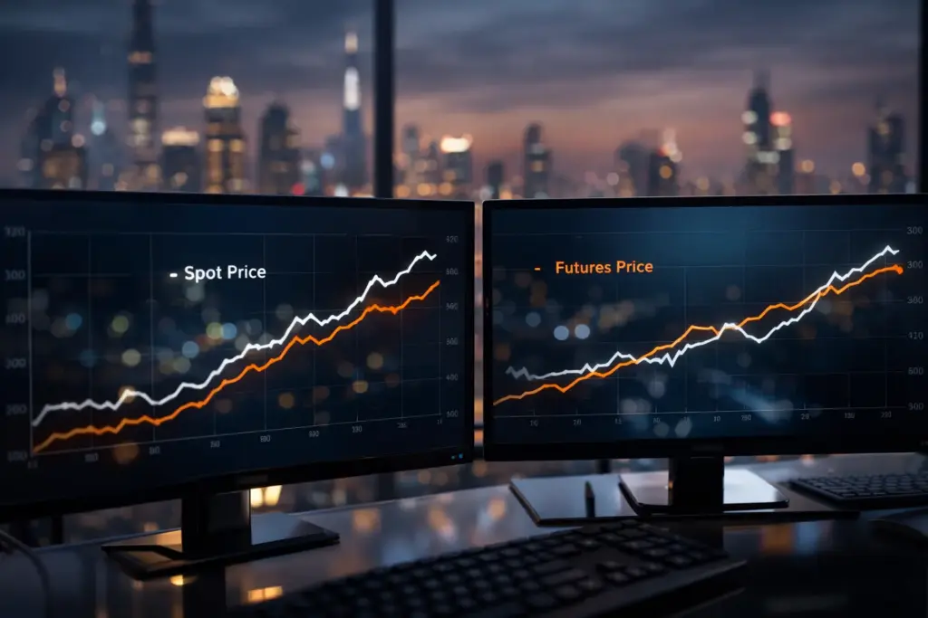 Dual-monitor trading setup displaying converging spot and futures price trend lines with blurred Dubai skyline at twilight in the background.