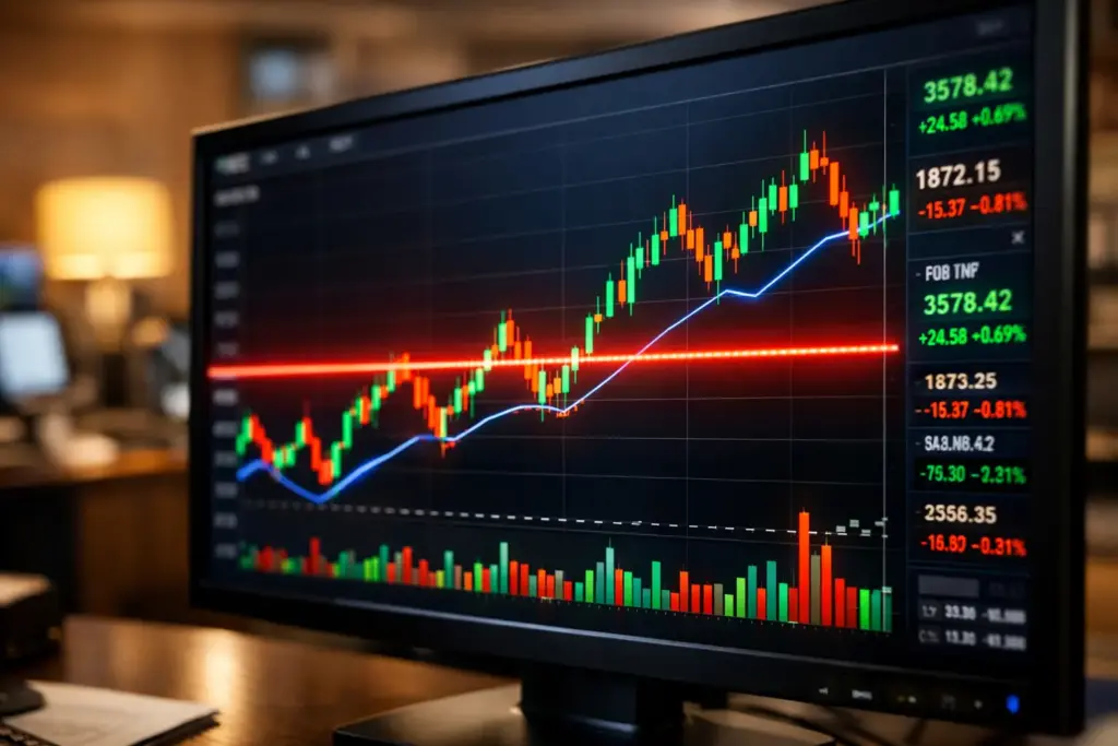 Ultra-realistic close-up of a financial trading monitor displaying a glowing candlestick stock chart with a highlighted red barrier level line in a professional wealth management office.