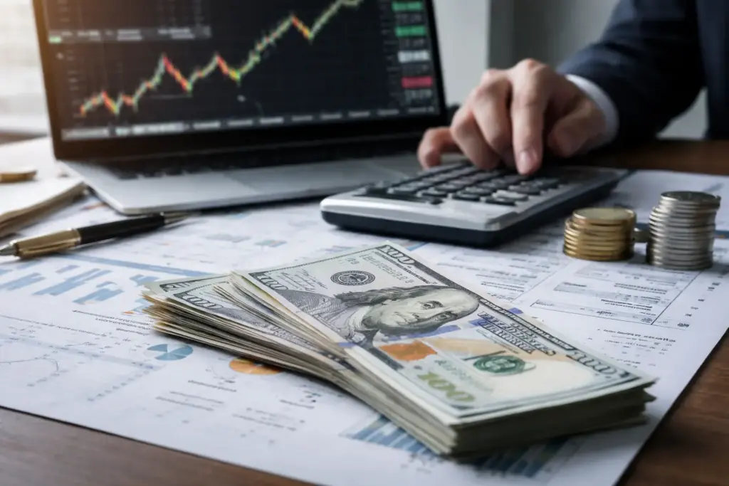 Cash settlement in futures trading shown with calculator, cash, and stock market charts on a professional financial desk