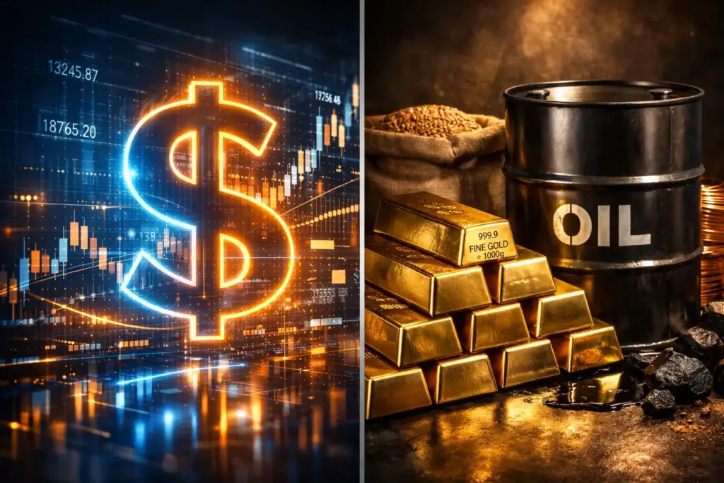 Split-screen image showing digital cash settlement with glowing currency symbol and financial data on one side, and physical delivery commodities including gold bars and oil barrel on the other