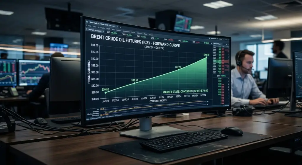 A high-tech curved monitor in a professional trading office displaying an upward-sloping forward curve indicating a contango market state for Brent Crude oil futures.
