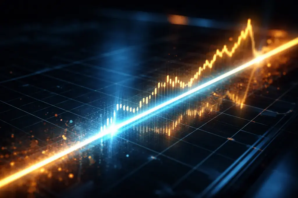 Ultrarealistic macro image of a glowing digital barrier line intersecting a rising stock market chart with blue and gold neon lighting, symbolizing financial security and advanced technology