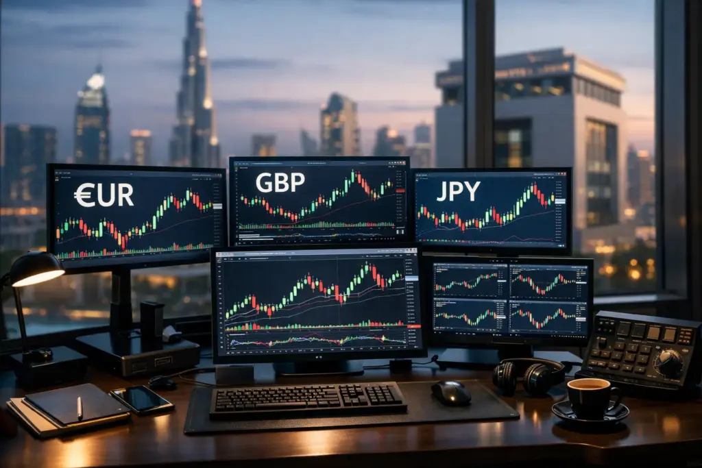 Ultra-realistic high-end forex trading desk in a modern Dubai office with multiple monitors displaying EUR, GBP, and JPY candlestick charts and blurred DIFC skyline in the background.