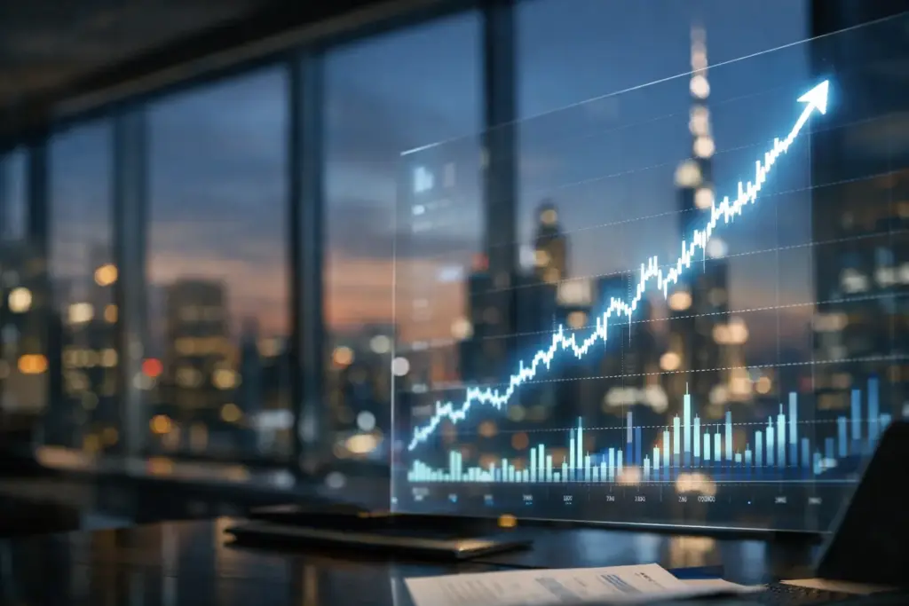 Upward trending stock market chart on a transparent digital screen in a modern Dubai financial office, representing investment growth and market analysis