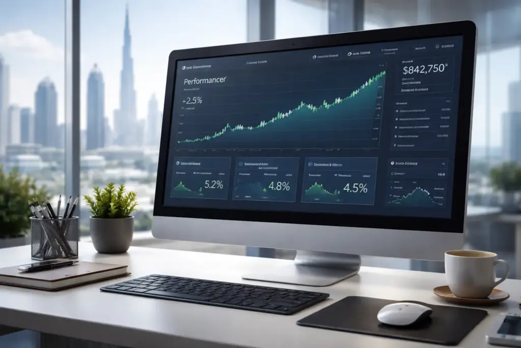 Modern financial dashboard on computer monitor showing upward stock charts and dividend yields in a bright Dubai office with skyline view