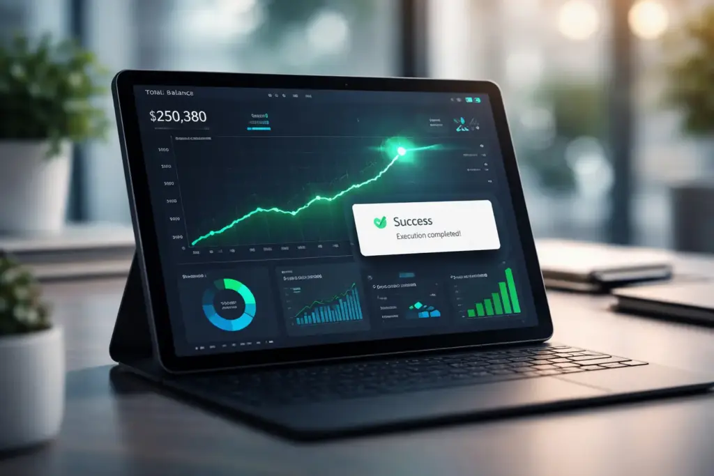 Photorealistic tablet displaying financial dashboard with green rising trendline hitting target node and execution success confirmation in modern office setting