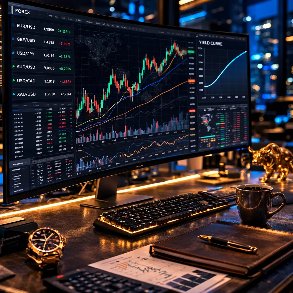 Professional financial trader desk with computer monitor displaying forex candlestick charts and an interest rate yield curve in a modern corporate office.