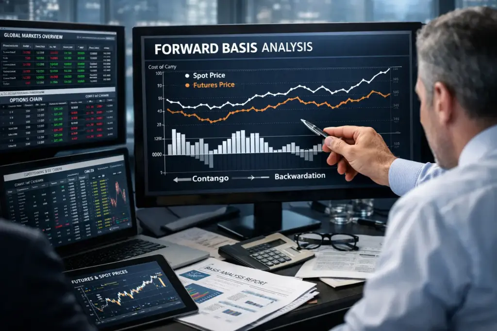 Institutional trader analyzing forward basis chart showing spot price vs futures price on multiple trading screens in a global derivatives market environment.