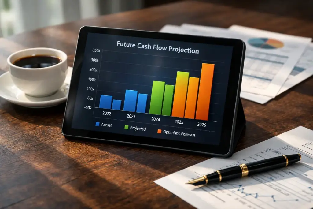 Tablet displaying a future cash flow projection bar chart on a dark oak desk with coffee, financial documents, and a fountain pen.