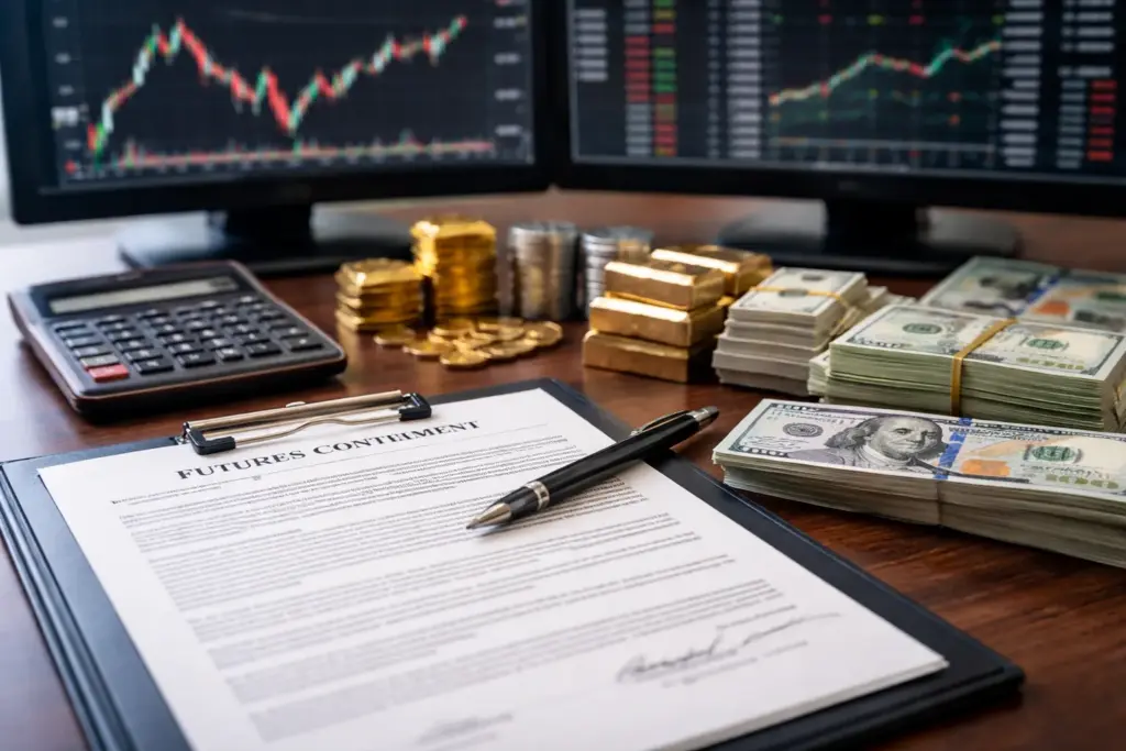 Futures contract settlement concept showing financial trading desk with contract document, cash stacks, gold bars, and market charts on screens