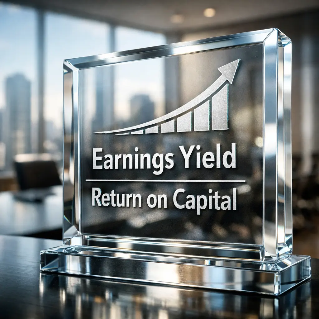 Close-up of a glass financial award engraved with "Earnings Yield" and "Return on Capital" on a reflective base, with a blurred corporate boardroom and city skyline in the background.