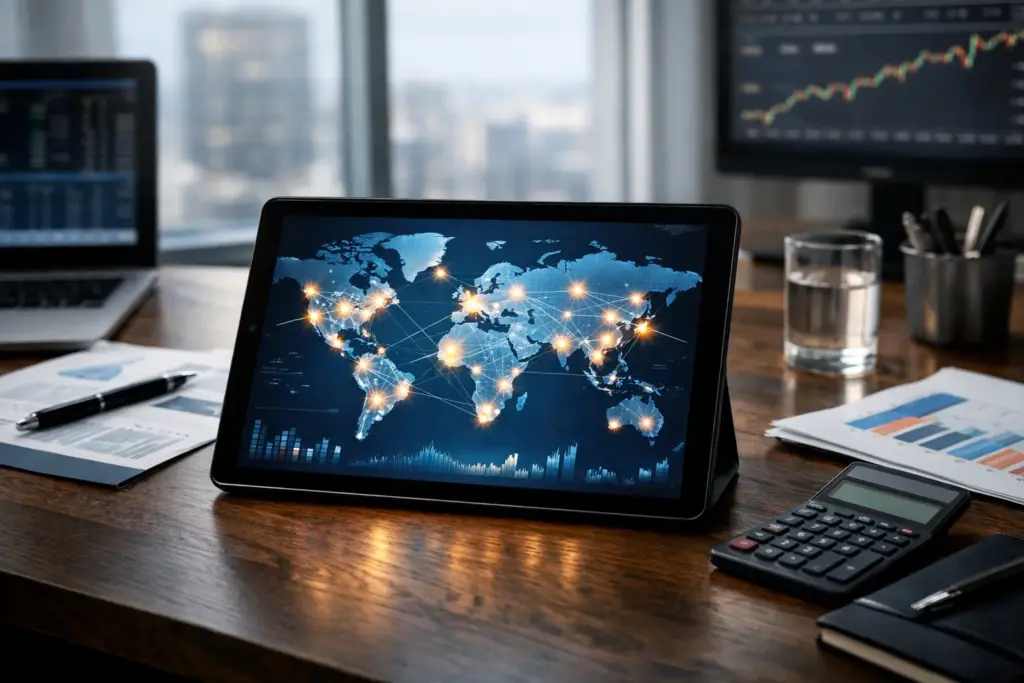 Digital tablet displaying global asset allocation map with connected data nodes on a modern financial office desk