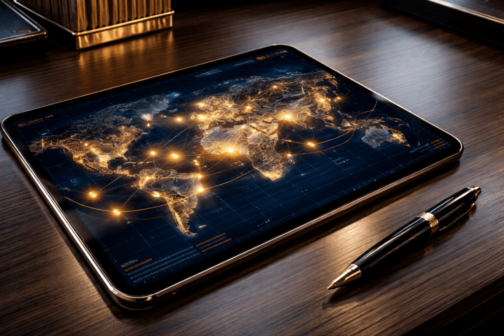 Digital tablet displaying global currency flow map with glowing connections on a modern financial desk