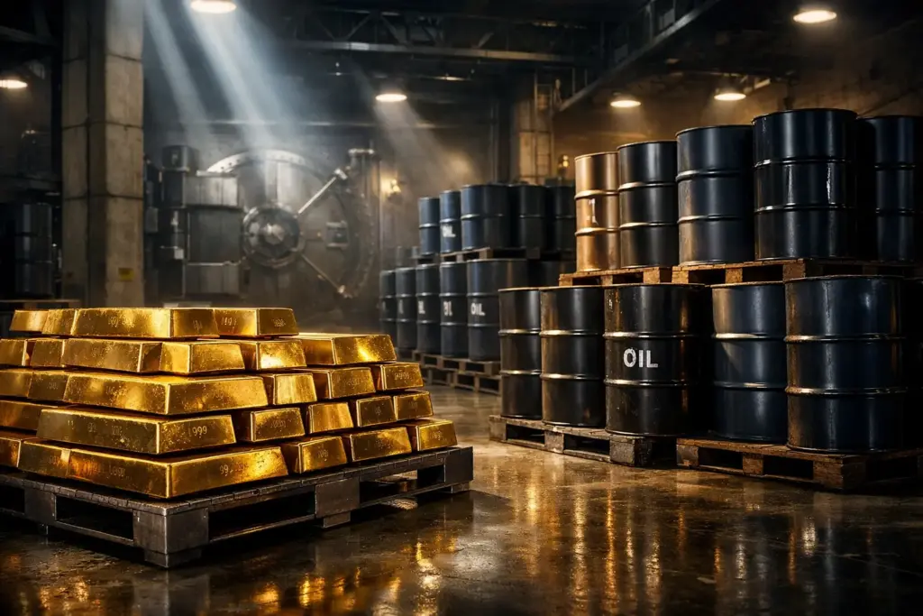 Gold bars and crude oil barrels stored inside a secure industrial warehouse representing physical commodities and cost of carry in futures trading.