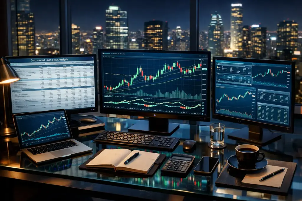 High-end corporate financial trading desk with multiple monitors displaying candlestick charts, discounted cash flow analysis, and stock market graphs in a modern high-rise office overlooking a city skyline at night.