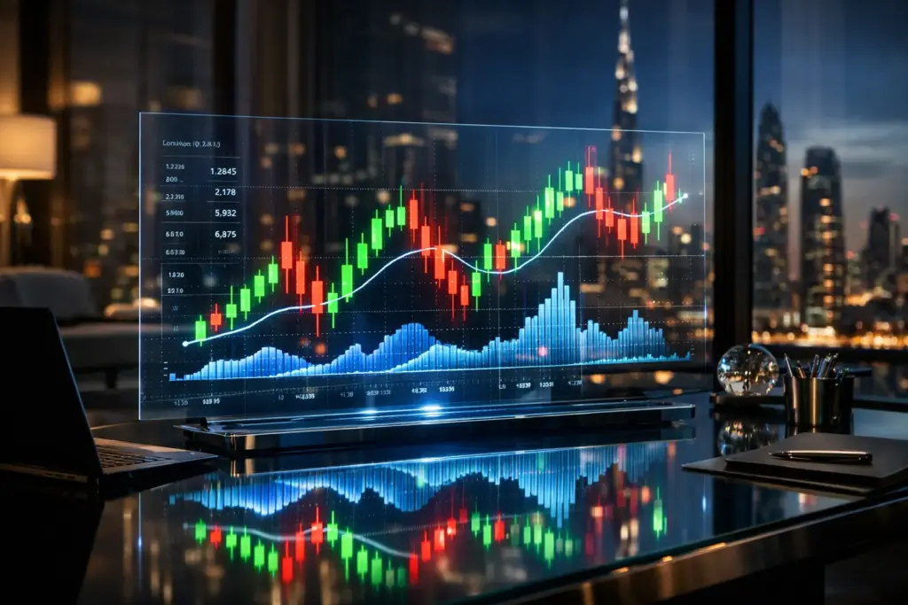 Ultrarealistic holographic financial candlestick chart with red and green trading data floating above a glass desk in a modern Dubai corporate office.