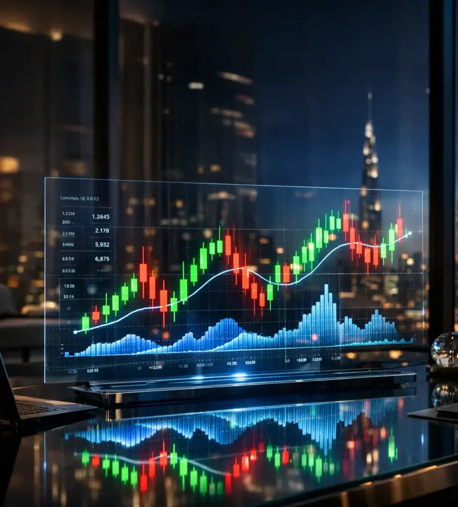 holographic financial chart dubai corporate office trading display copy