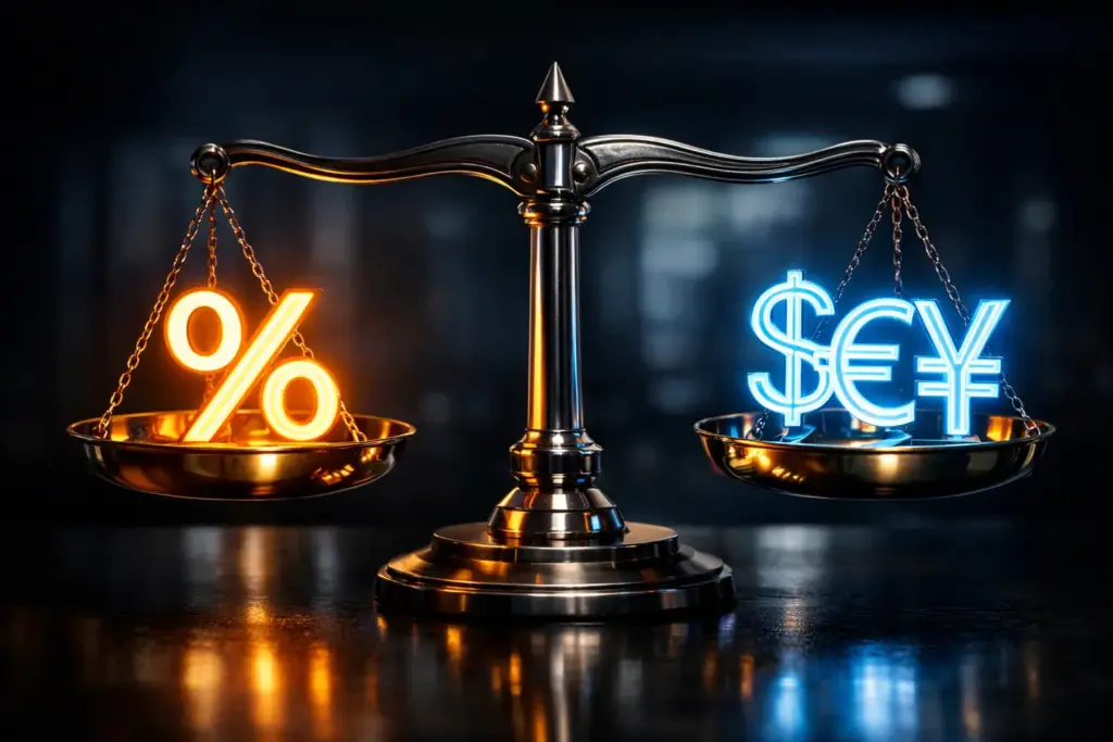 Photorealistic financial balance scale showing glowing percentage symbol for interest rates and USD, EUR, JPY currency symbols representing exchange rates on a dark corporate background.