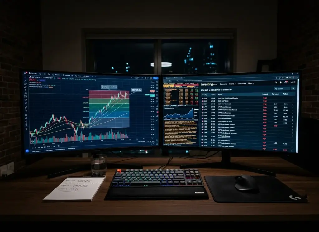 A high-contrast professional trading desk with two monitors displaying a GBP/JPY technical analysis chart with Fibonacci retracements and a global economic calendar in a dark room.