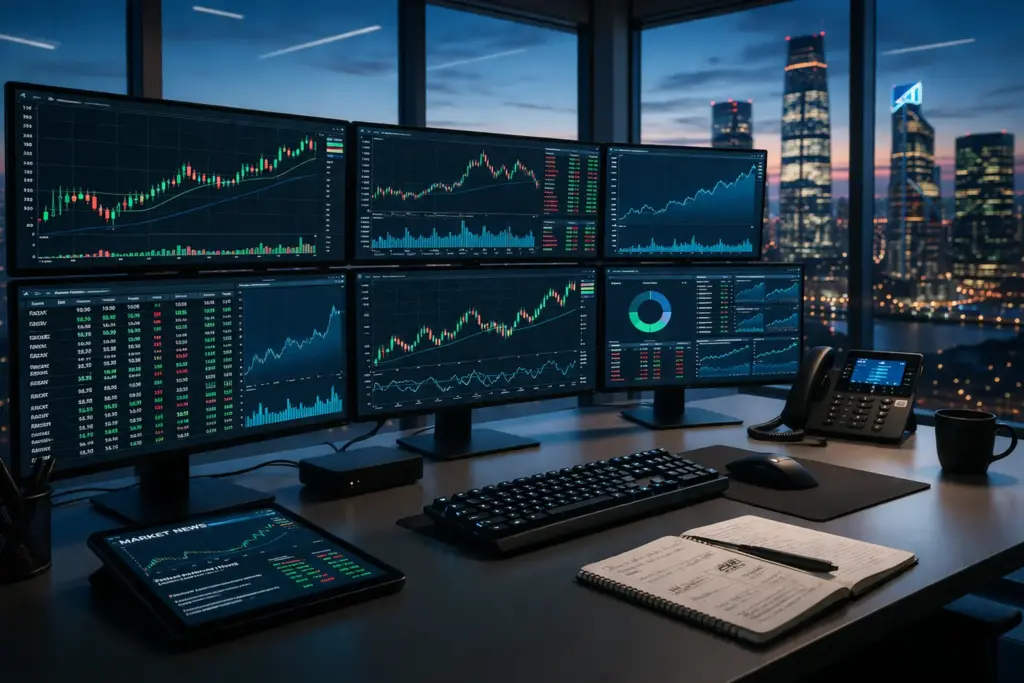 Ultra-detailed modern financial trading desk with multiple monitors displaying stock market charts and data graphs in a corporate office overlooking a city skyline at twilight