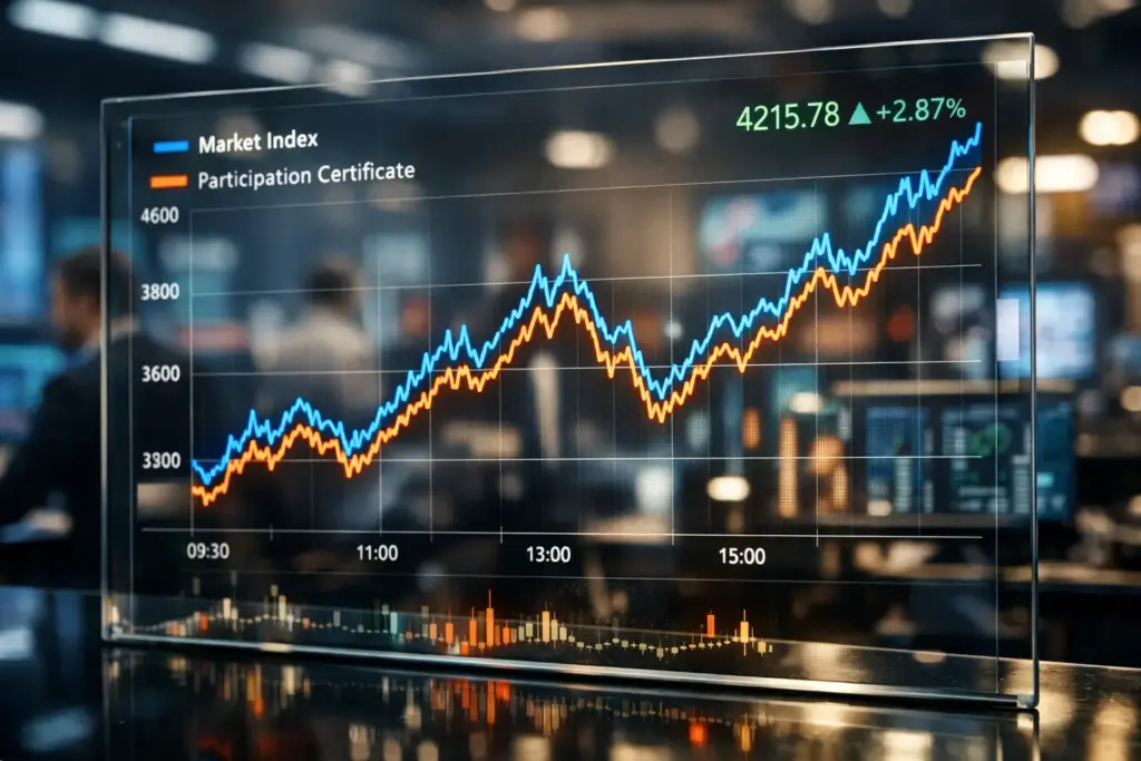 Ultrarealistic financial chart showing participation certificate performance tracking a market index on a glass screen in a professional trading floor.