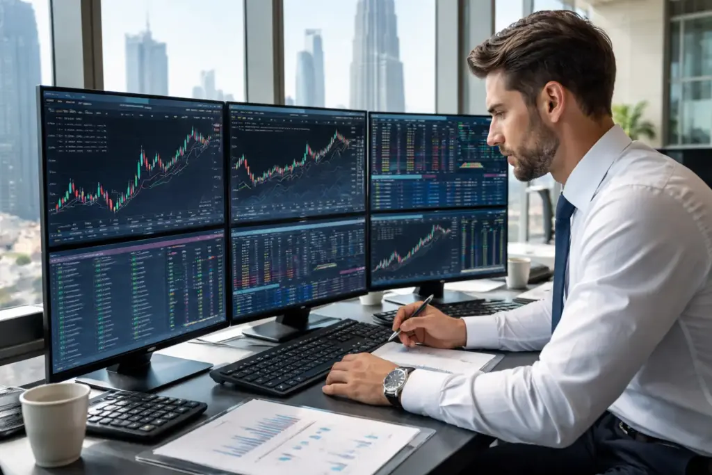 Professional financial trader analyzing candlestick charts on multi-monitor setup in a modern Dubai office with skyline view