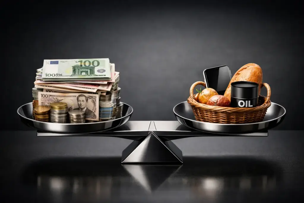 Balanced weighing scale comparing global currencies with everyday commodities like bread, smartphone, and oil in a dark corporate setting
