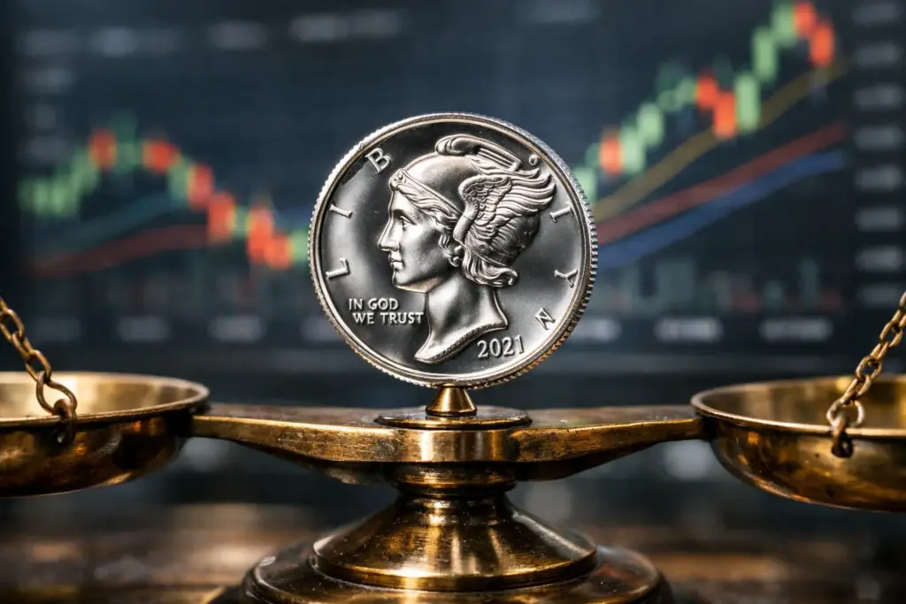 Ultrarealistic macro shot of a shiny silver coin balanced on a classic brass scale with blurred digital trading charts in a dark modern trading room.