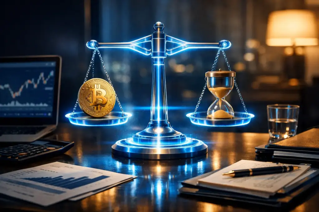 Ultrarealistic financial concept showing a holographic balance scale with a gold coin and hourglass on a professional desk, symbolizing the time value of money in finance.