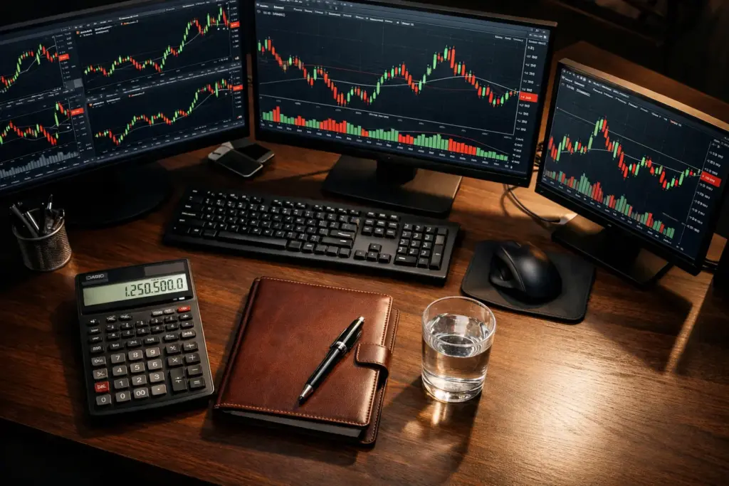 Overhead view of a modern trader desk with multiple monitors displaying green and red stock market charts, financial calculator, leather notebook, and glass of water in a professional trading workspace.