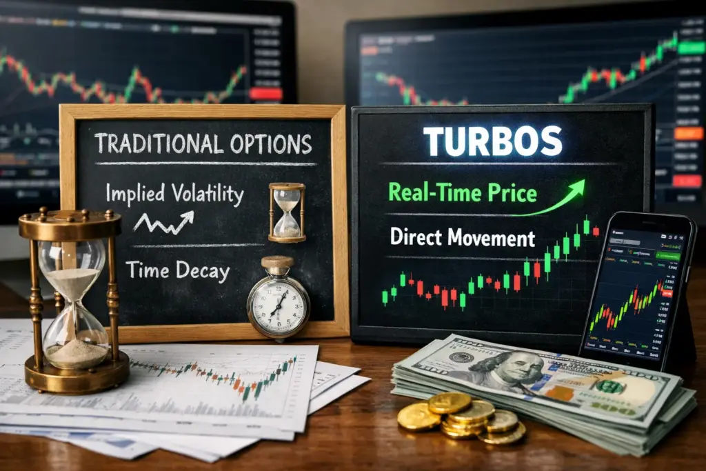 Ultra-realistic comparison of Turbo structured products vs traditional options trading showing time decay, implied volatility concepts, and real-time price movement on trading charts.