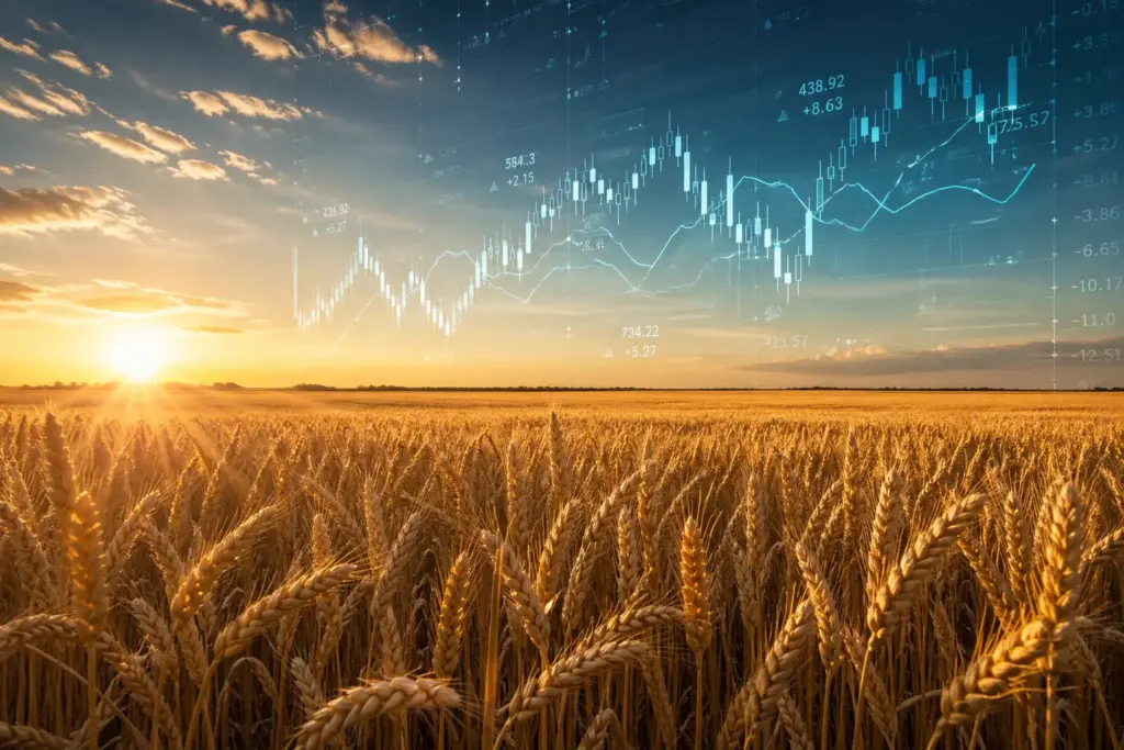 Golden wheat field at sunrise with digital stock market chart overlay in the sky, symbolizing agricultural futures trading