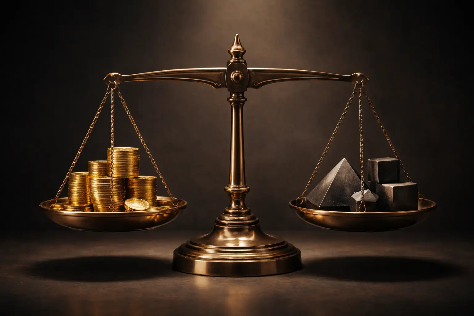 Metallic balance scale with golden coins and geometric weights symbolizing positive and negative market forces in finance
