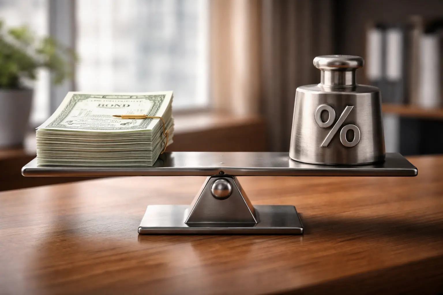 Photorealistic balancing scale on a modern wooden desk with bond certificates on one side and a metallic percentage symbol weight on the other, symbolizing the relationship between bond values and interest rates.