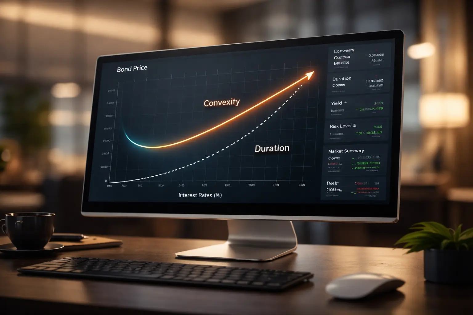 Modern financial dashboard showing bond convexity curve and duration line on a computer monitor in a corporate office