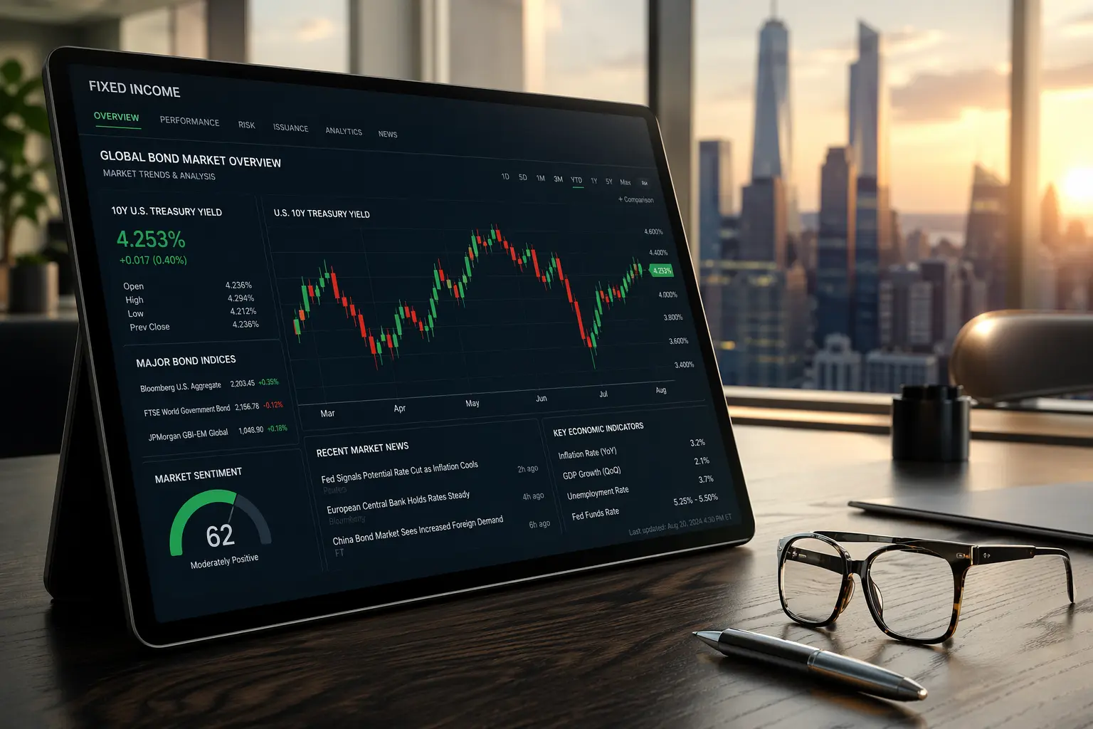 Tablet displaying bond market candlestick chart on a financial dashboard with glasses and pen on a wooden desk in a modern office at golden hour