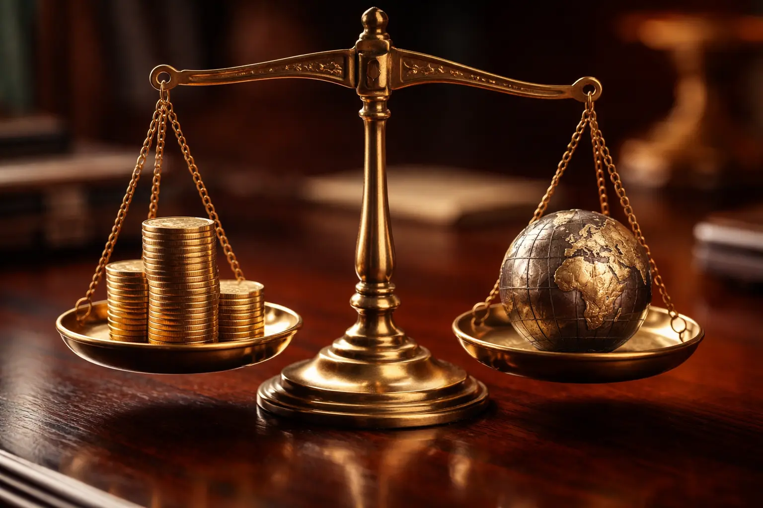 Brass balancing scale with gold coins and metallic globe on mahogany desk symbolizing global market risk and reward