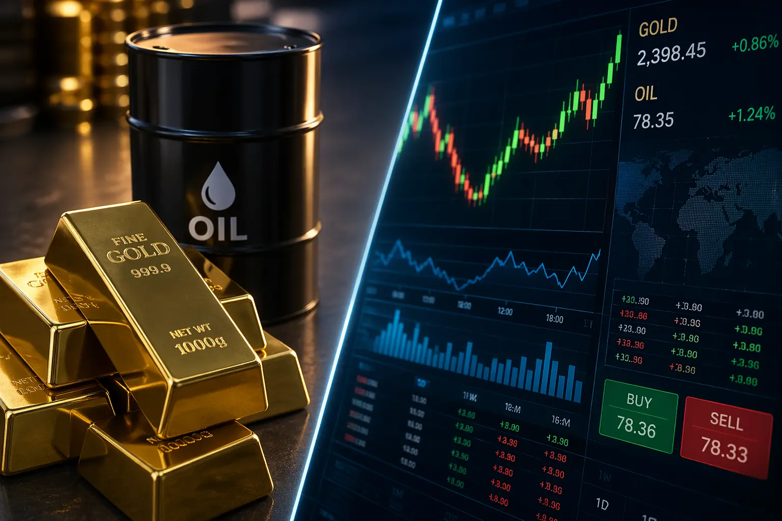 Photorealistic split-screen image showing physical gold bars and an oil barrel alongside a digital trading screen with glowing financial charts representing commodity futures markets.
