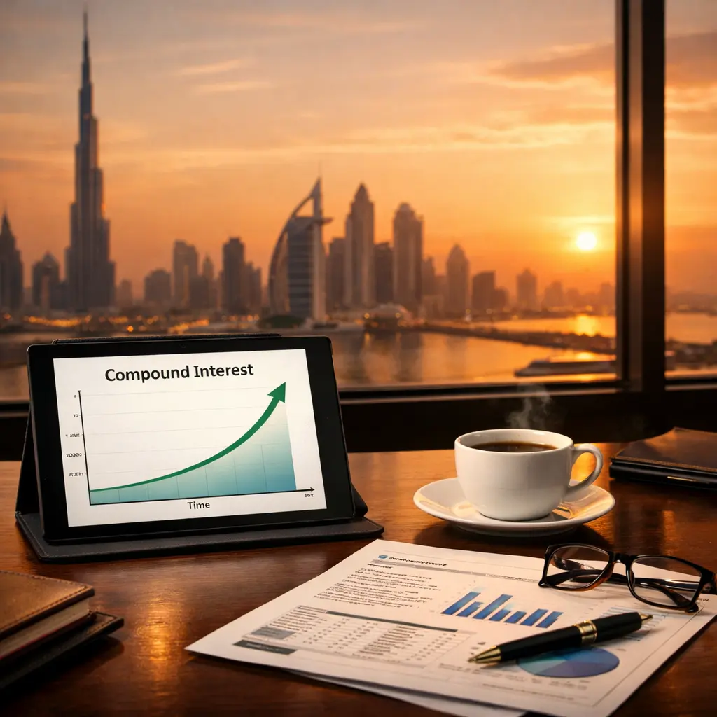 Elegant office desk overlooking Dubai skyline at sunset with tablet showing compound interest growth chart, coffee and financial documents