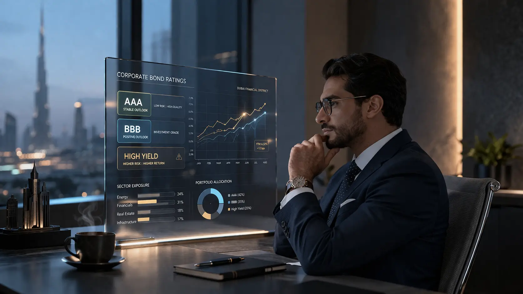 Professional financial analyst in a modern Dubai office analyzing corporate bond ratings (AAA, BBB, high yield) on a glowing digital dashboard with financial charts