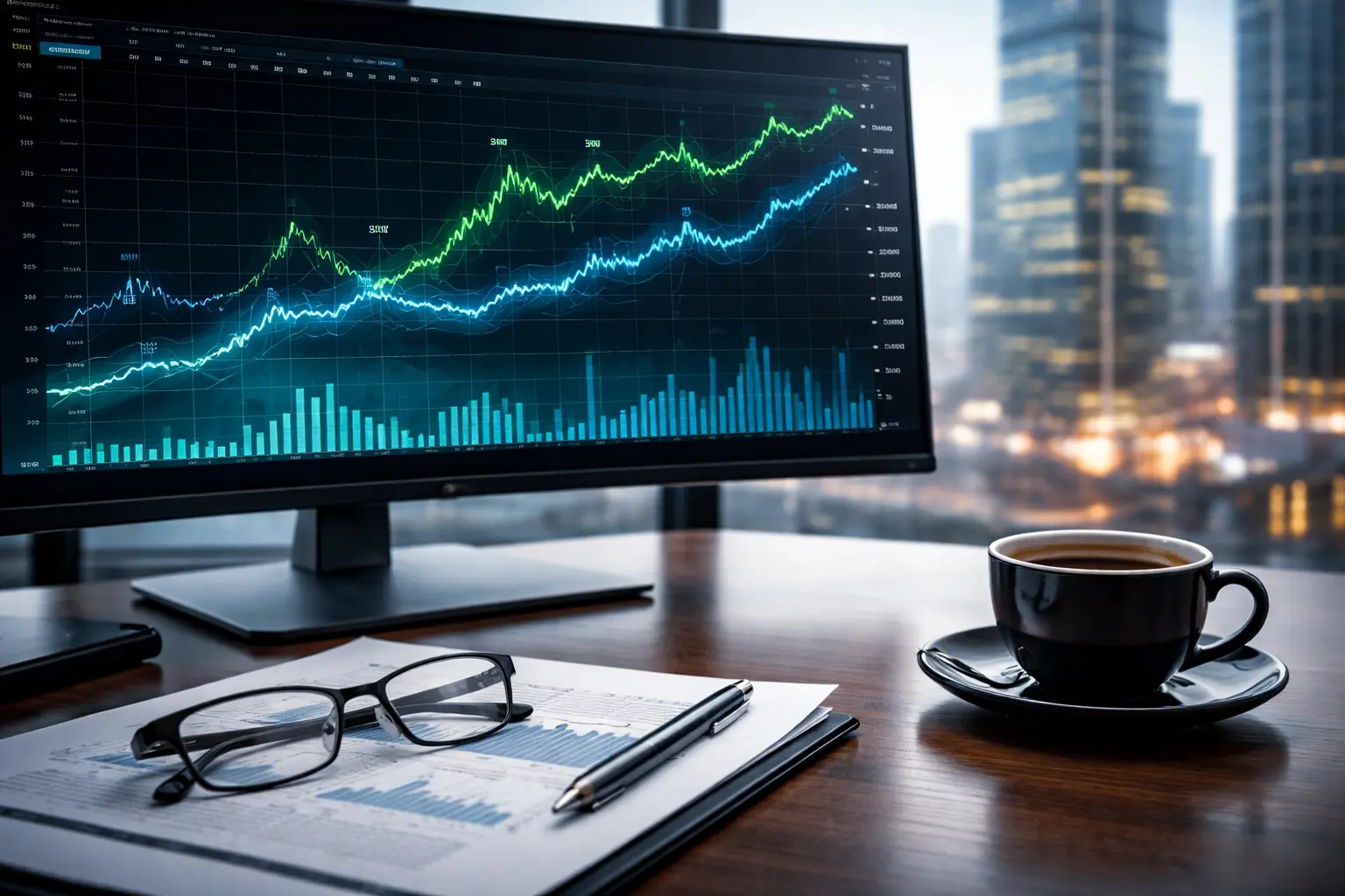 Close-up of a modern corporate desk with curved monitor displaying bond yield charts, glasses, pen, and coffee in a financial office setting