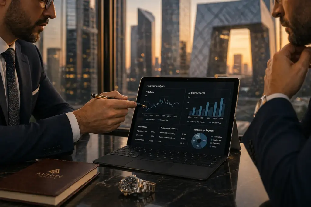 Finance professionals analyzing stock market data on a tablet in a modern DIFC Dubai office with blurred skyline at sunset