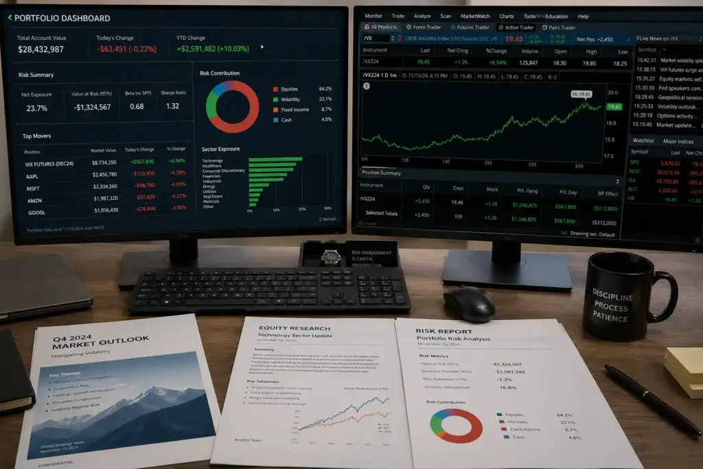 Overhead view of a professional dual-monitor trading workstation displaying a portfolio risk dashboard with VIX futures gains offsetting equity losses, surrounded by research reports and a coffee cup.
